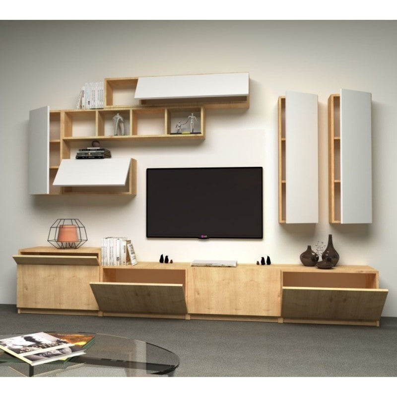 Mueble alto con cuatro puertas y seis muebles altos Roble blanco DOMINO 280x35x h 40-50 cm