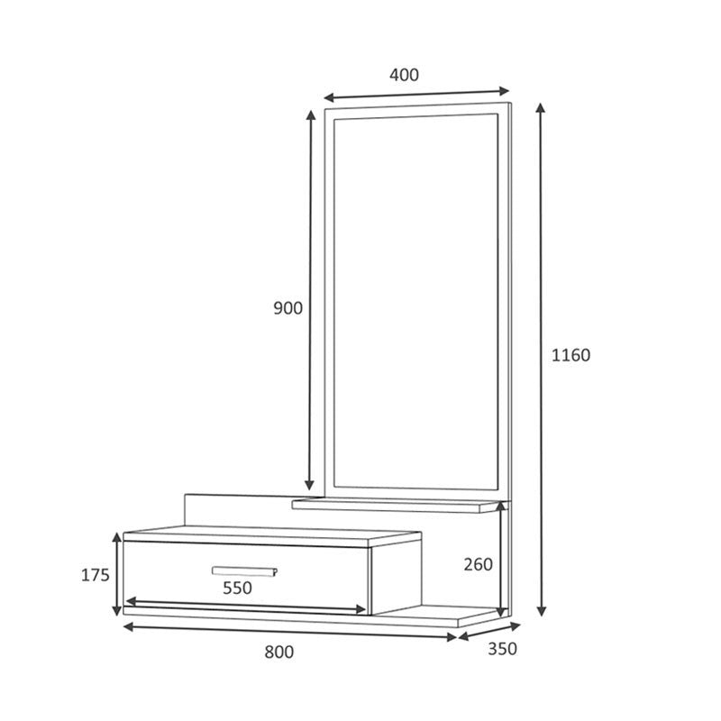 Mueble de entrada con espejo y cajón de roble blanco 80x35xh.116 cm