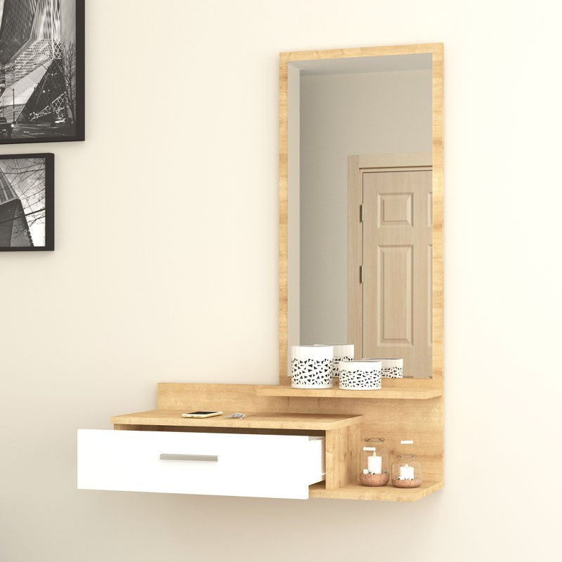 Mueble de entrada con espejo y cajón de roble blanco 80x35xh.116 cm