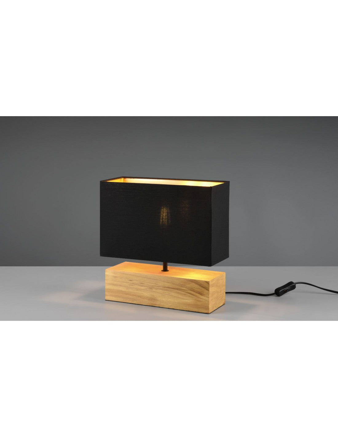 Lámpara de mesa rectangular Woody, iluminación en trío con pantalla negra de madera natural