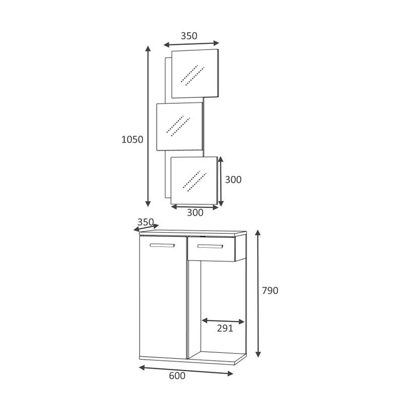 Mueble de entrada con espejo 1 puerta 1 cajón roble blanco 60x35xh.186 cm