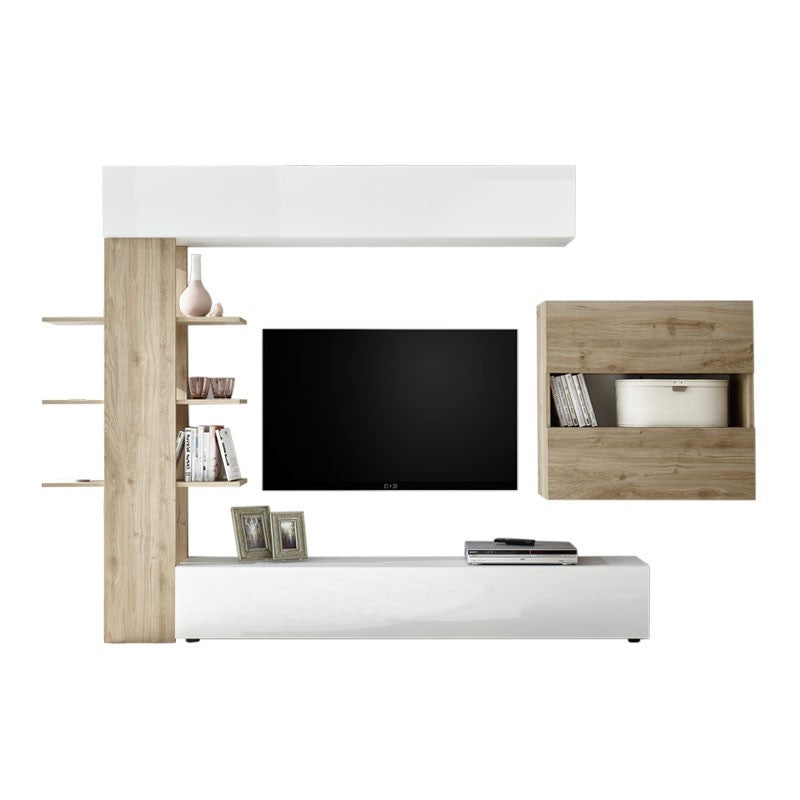 Mueble de salón blanco y roble L.295xP30xh.187 cm