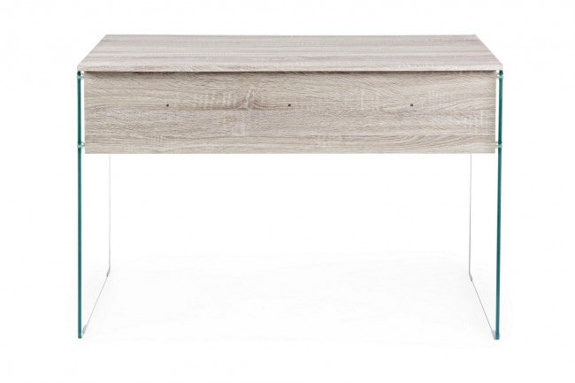 Escritorio de diseño Armos en madera natural 1 cajón y patas de cristal 110x55x 76h cm