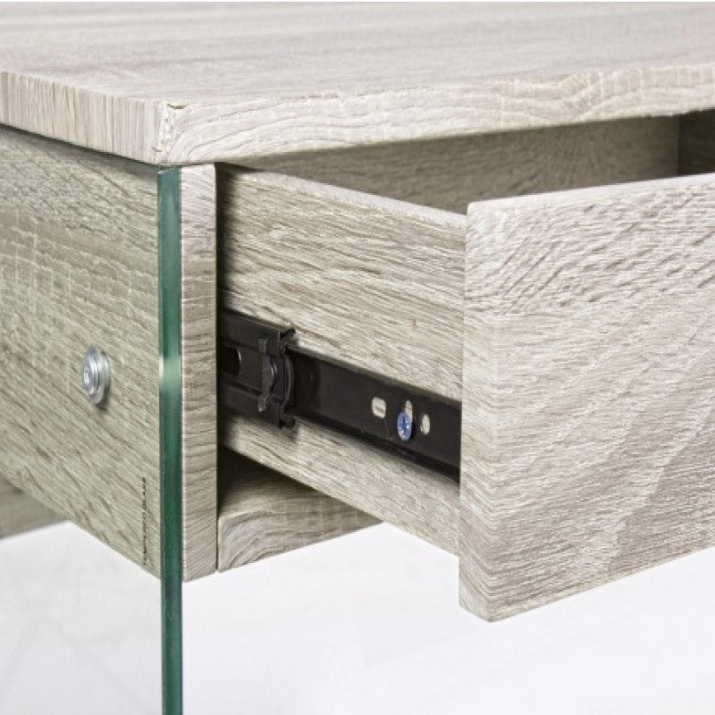 Escritorio de diseño Armos en madera natural 1 cajón y patas de cristal 110x55x 76h cm