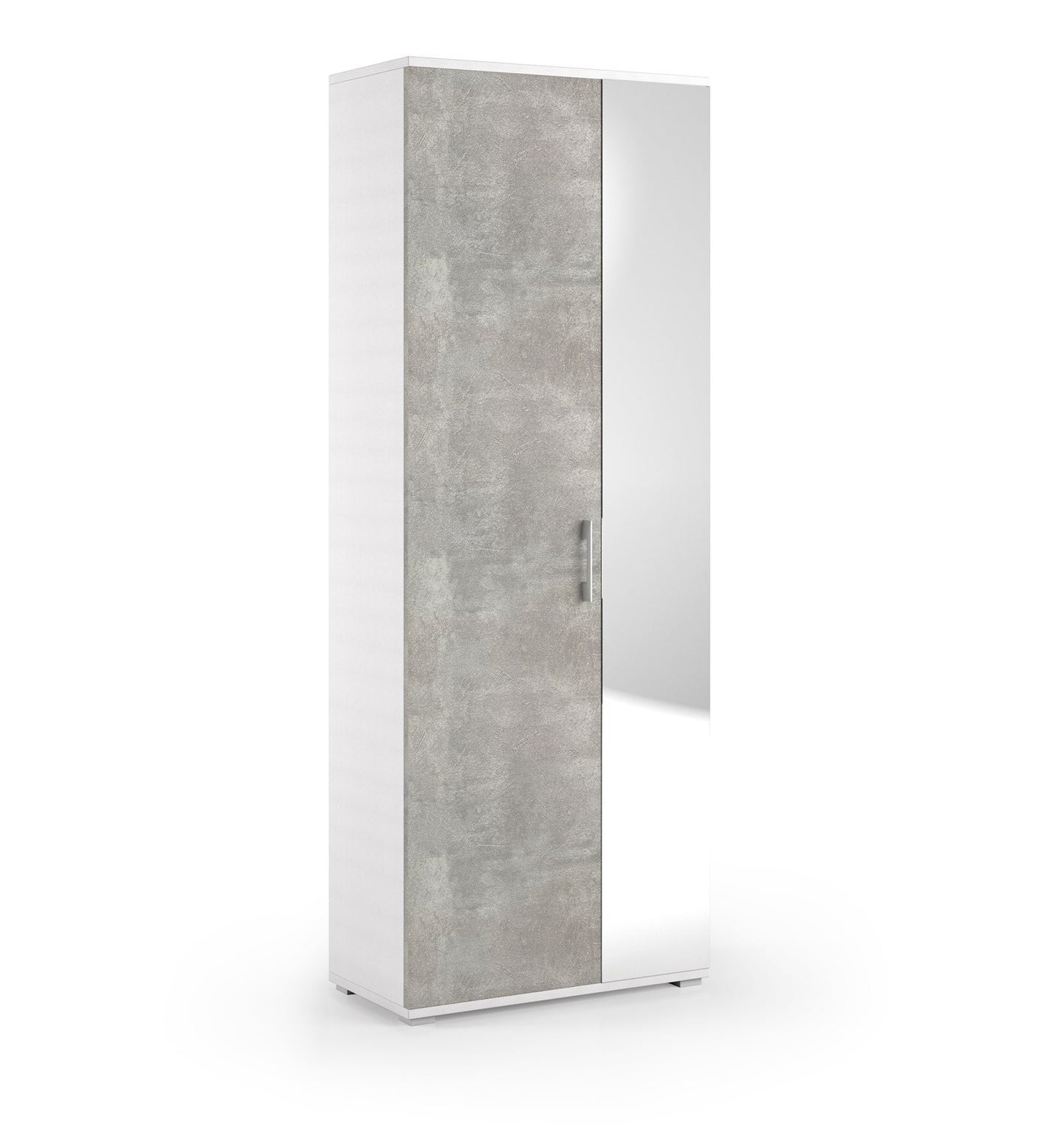 Multiusos con espejo 1 cajón y 6 estantes internos, puerta hormigón blanco con espejo