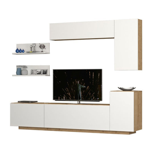 Mueble alto con 3 solapas y muebles altos de roble blanco 200x35xh.40-60 cm