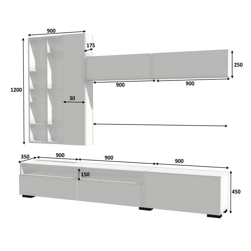 Mueble alto básico con 3 puertas y mueble alto con 2 puertas, roble blanco 270x35xh.45 cm