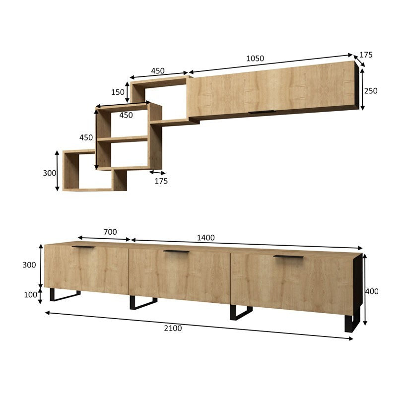 Mueble alto con 3 solapas y muebles altos de roble visto 210x35xh.40 cm