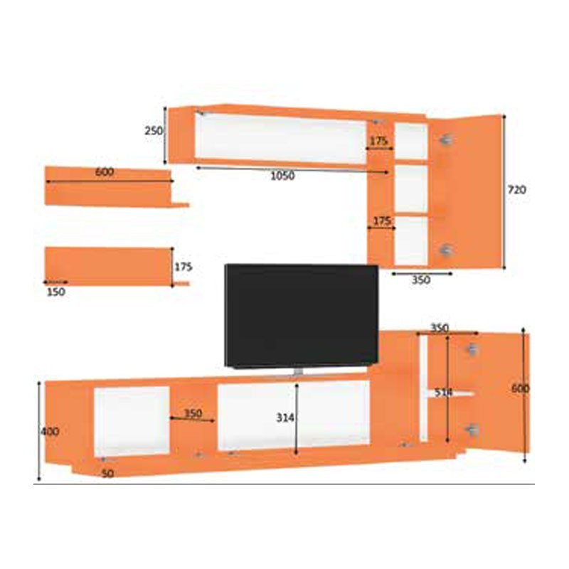 Mueble alto con 3 solapas y muebles altos de roble blanco 200x35xh.40-60 cm