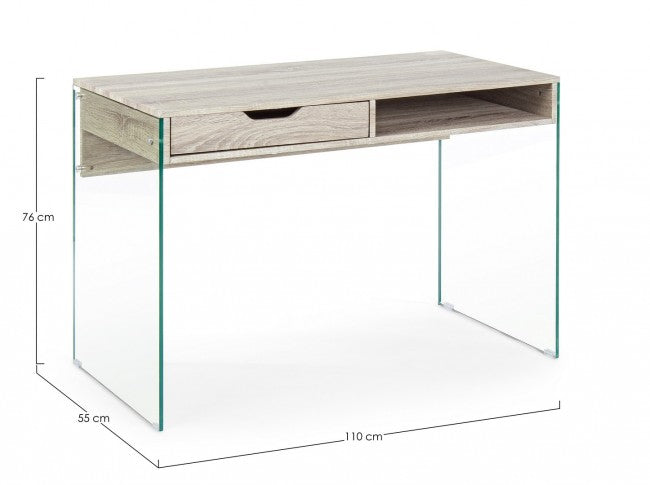 Escritorio de diseño Armos en madera natural 1 cajón y patas de cristal 110x55x 76h cm