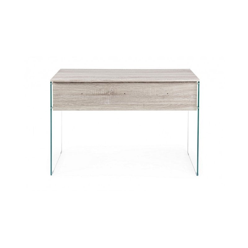 Escritorio de diseño Armos en madera natural 1 cajón y patas de cristal 110x55x 76h cm