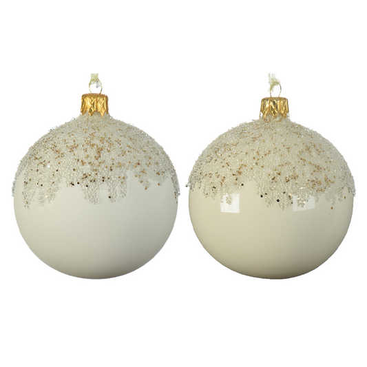 Bola de Navidad blanca lechosa decorada con purpurina en la parte superior, Ø8 cm