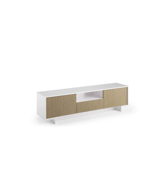 Mueble TV con 2 puertas y cajón central en canalé blanco claro