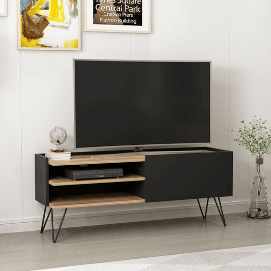 Mueble TV Aral negro y nogal con puerta abatible