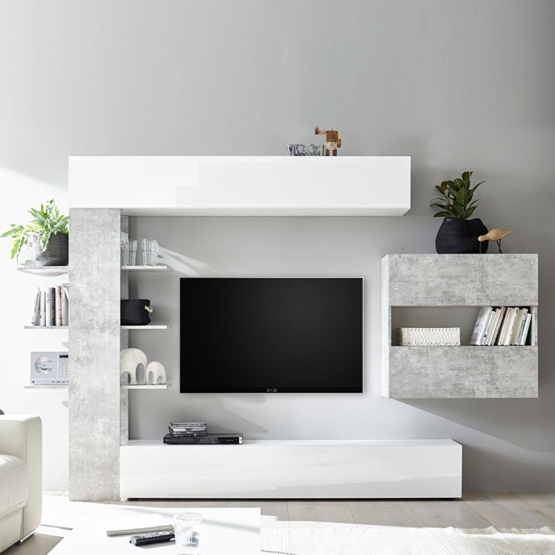 Mueble de salón blanco y hormigón L.295xP30xh.187 cm