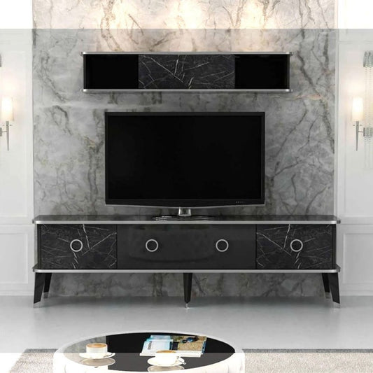 Mueble TV con mueble alto Bientv 180 efecto mármol negro con detalles plateados