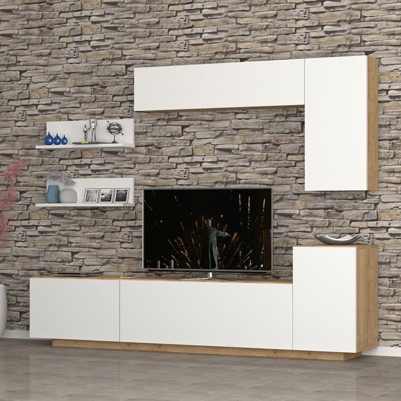 Mueble alto con 3 solapas y muebles altos de roble blanco 200x35xh.40-60 cm