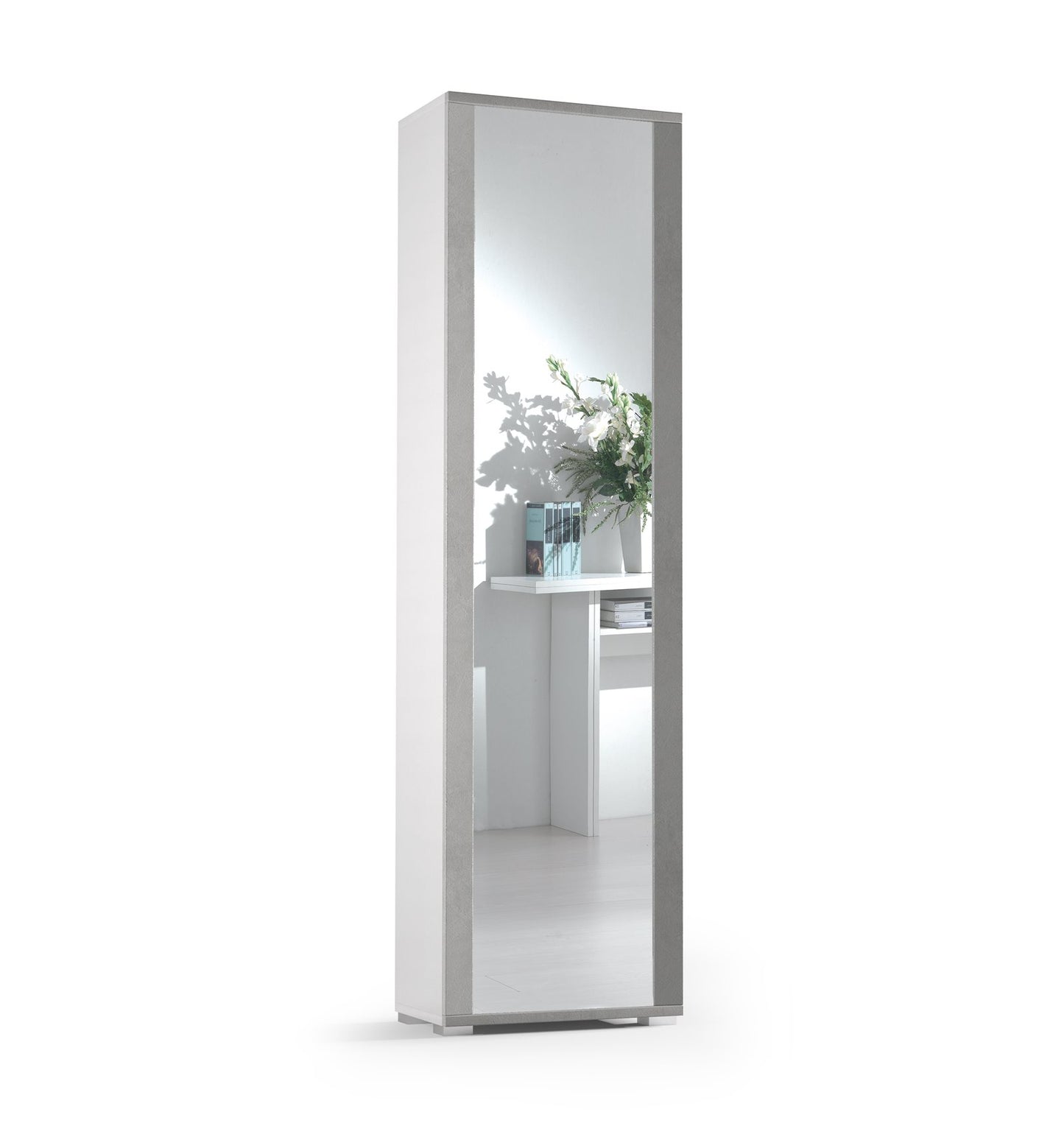 Mueble con marco de espejo, puerta, siete estantes, espejo de marco de hormigón blanco