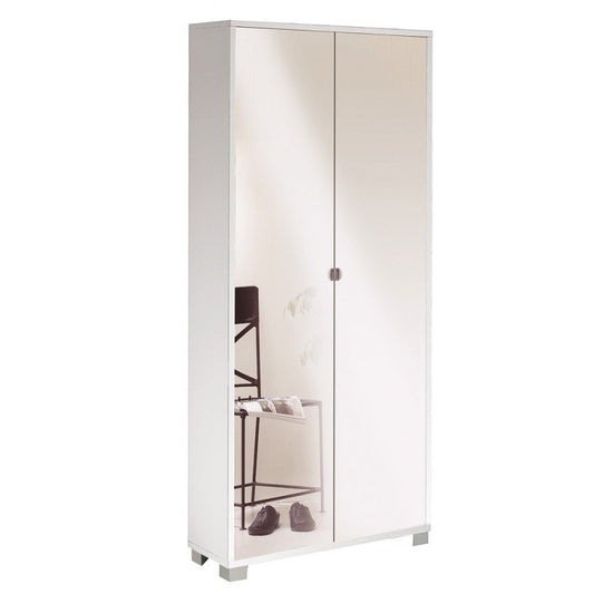 Armario multiusos slim con dos puertas de espejo y ocho estantes en Blanco Ceniza 83x29x h190 cm