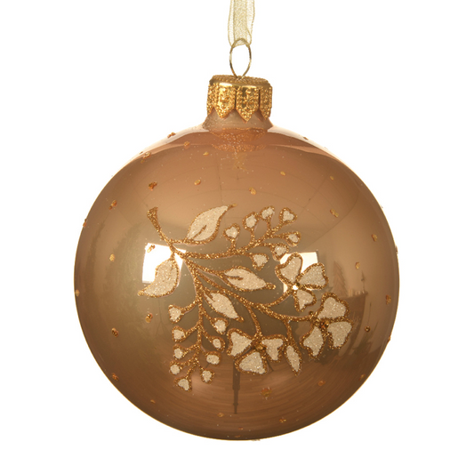 Bola de Navidad esmaltada color caramelo-oro con flor Ø8 cm