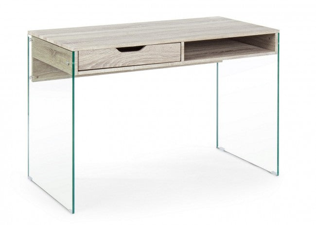 Escritorio de diseño Armos en madera natural 1 cajón y patas de cristal 110x55x 76h cm