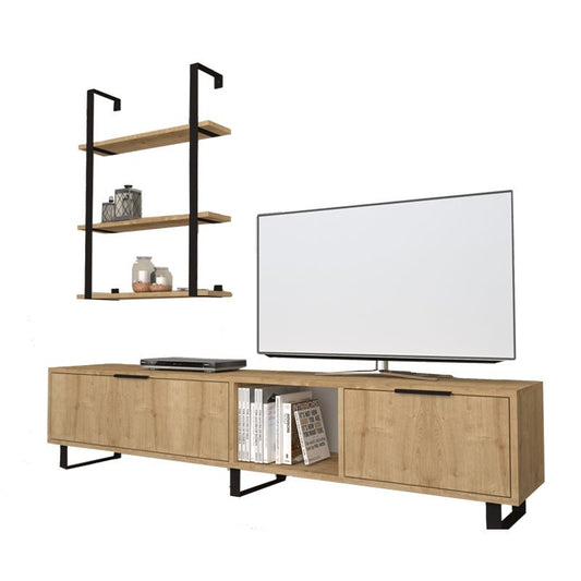 Mueble TV 2 solapas y librería 3 baldas roble 180x35xh.40 cm