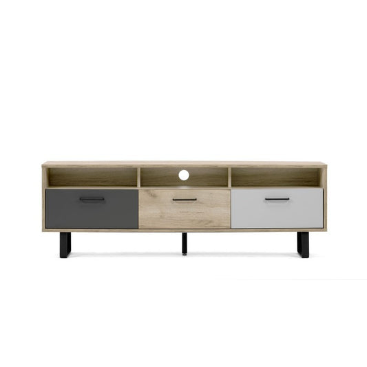 Base mueble TV con 3 puertas abatibles en color roble y gris 160x35xh.53 cm