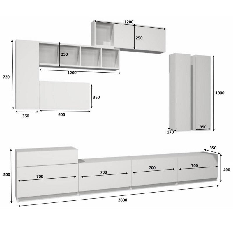 Mueble alto con cuatro puertas y seis muebles altos Roble blanco DOMINO 280x35x h 40-50 cm